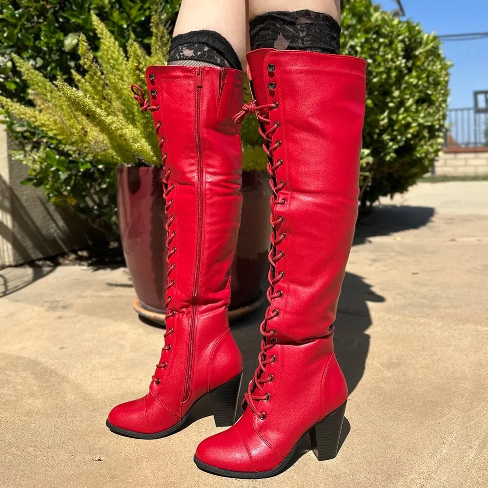 NEW Red Lace Up Over The Knee Combat Gothic Boots Block High Heel Faux Leather 8